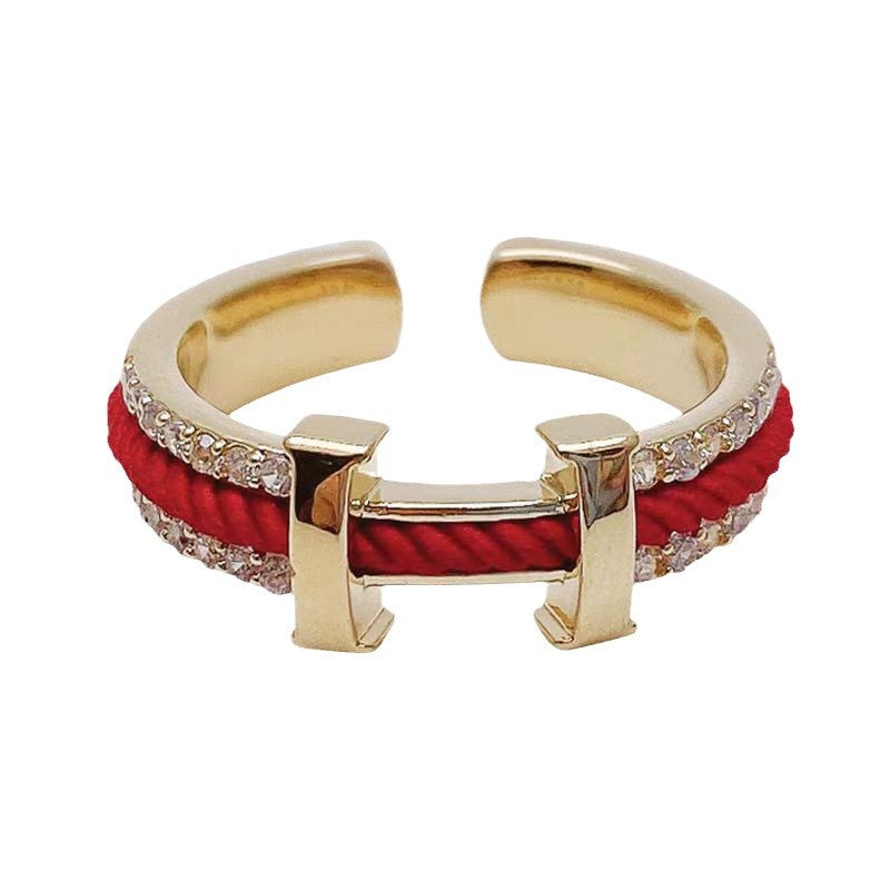 New Year Red String Letter H Ring for Women, Nail Design, Index Finger Ring, Red Wedding Pinky Ring for Bride in Her Birth Year