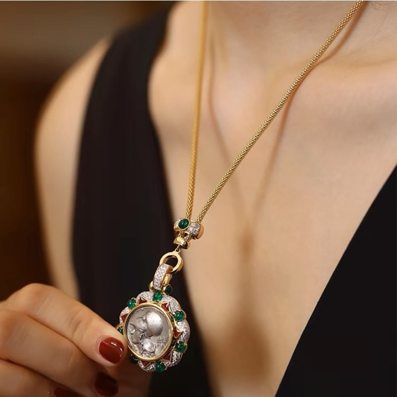 Italian imported vintage versatile chain sweater chain necklace with light luxury design and antique coin pendant; adjustable length.