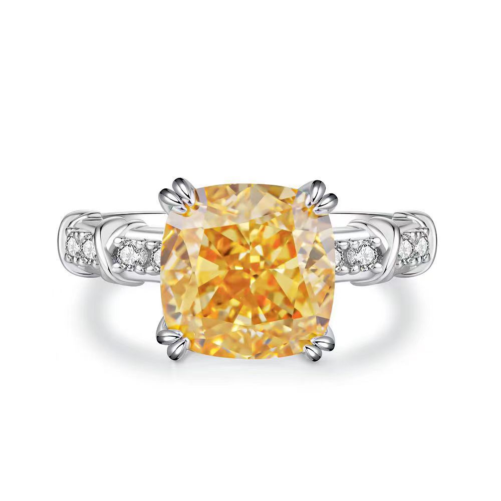 Pink diamond ring, simple cross-shaped ring, four-prong square diamond ring for women, simple and stylish.